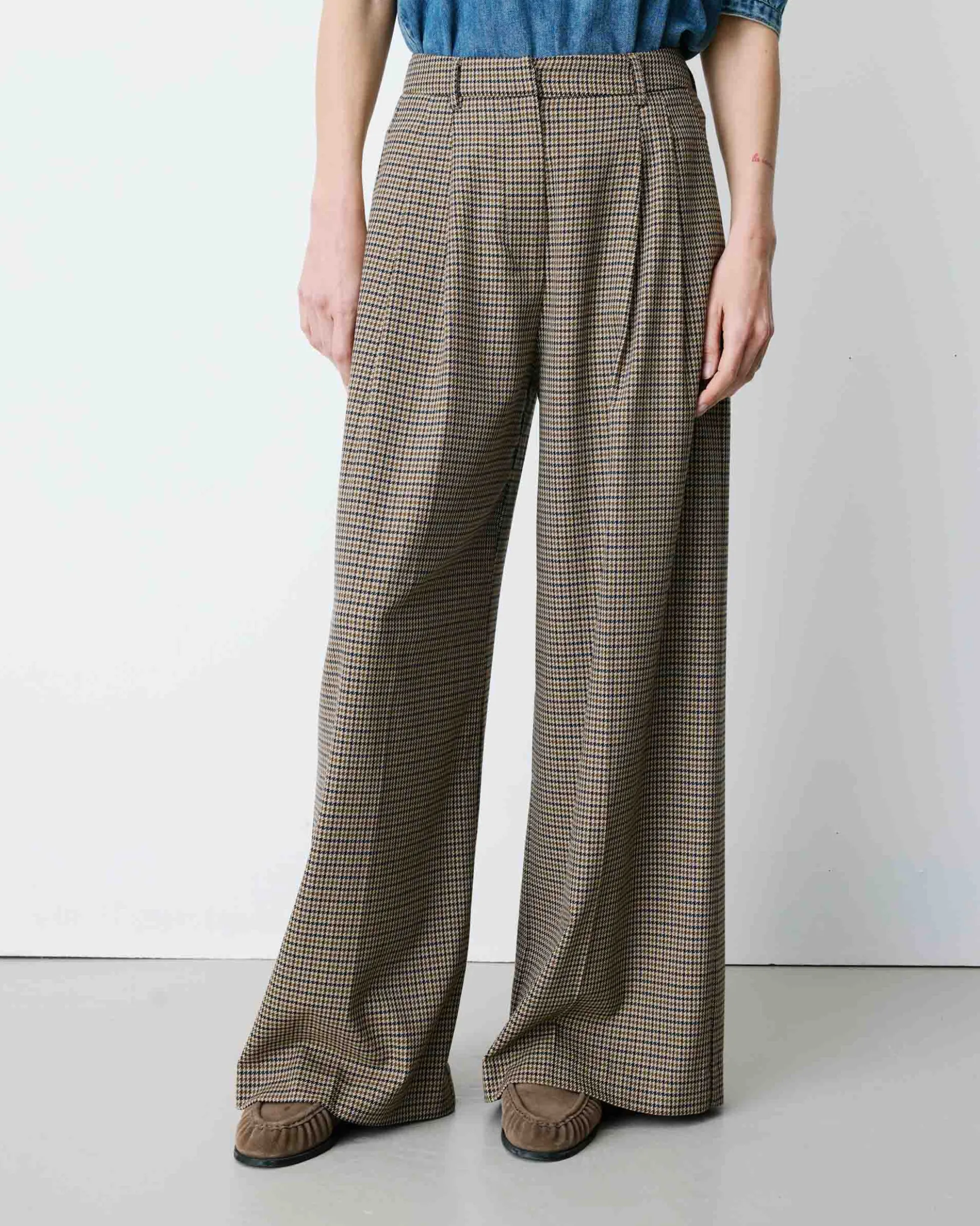 Pantalon tailleur ample pied-de-poule beige Ayen