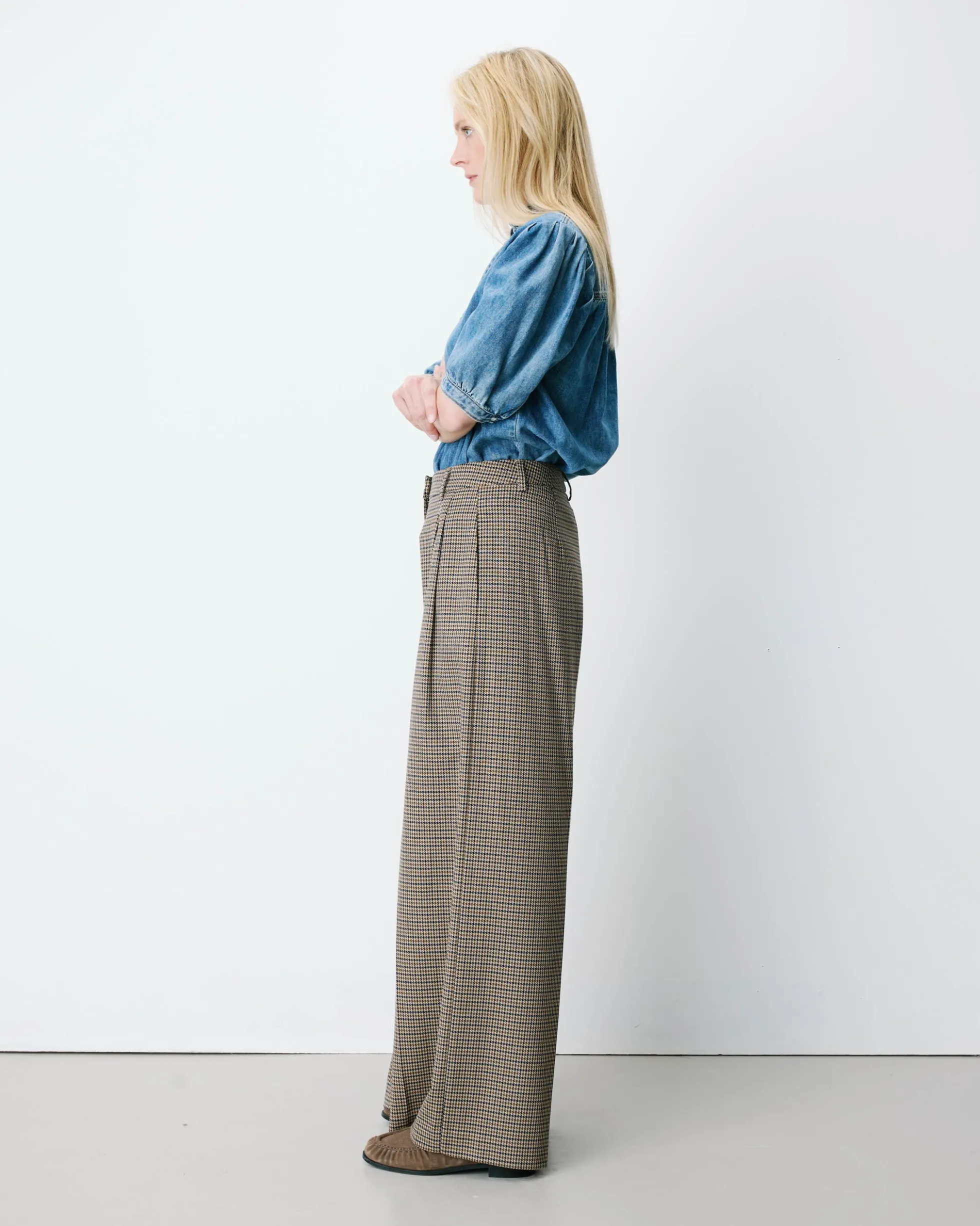 Pantalon tailleur ample pied-de-poule beige Ayen