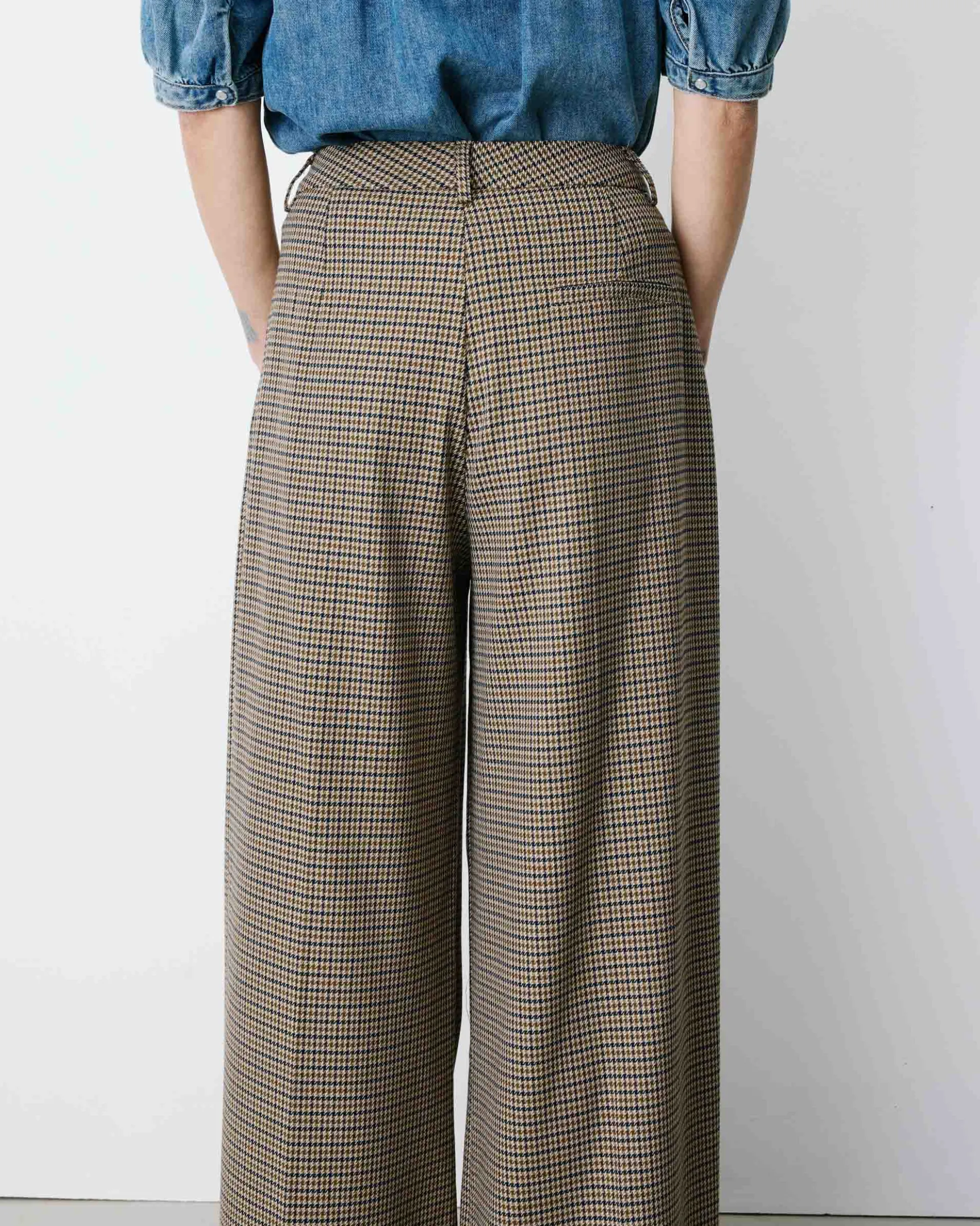 Pantalon tailleur ample pied-de-poule beige Ayen