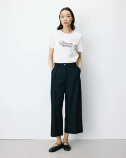 Pantalon tailleur court large à plis marine Atlantis