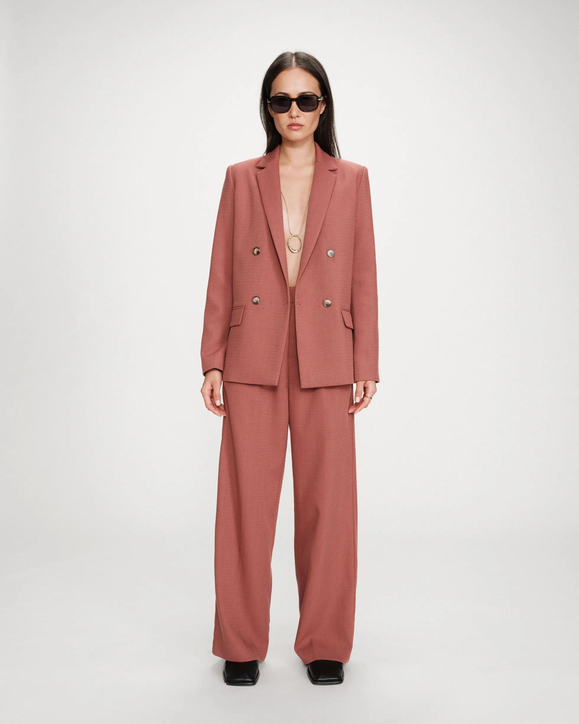 Pantalon tailleur droit taille mi-haute à plis terracotta Pierre