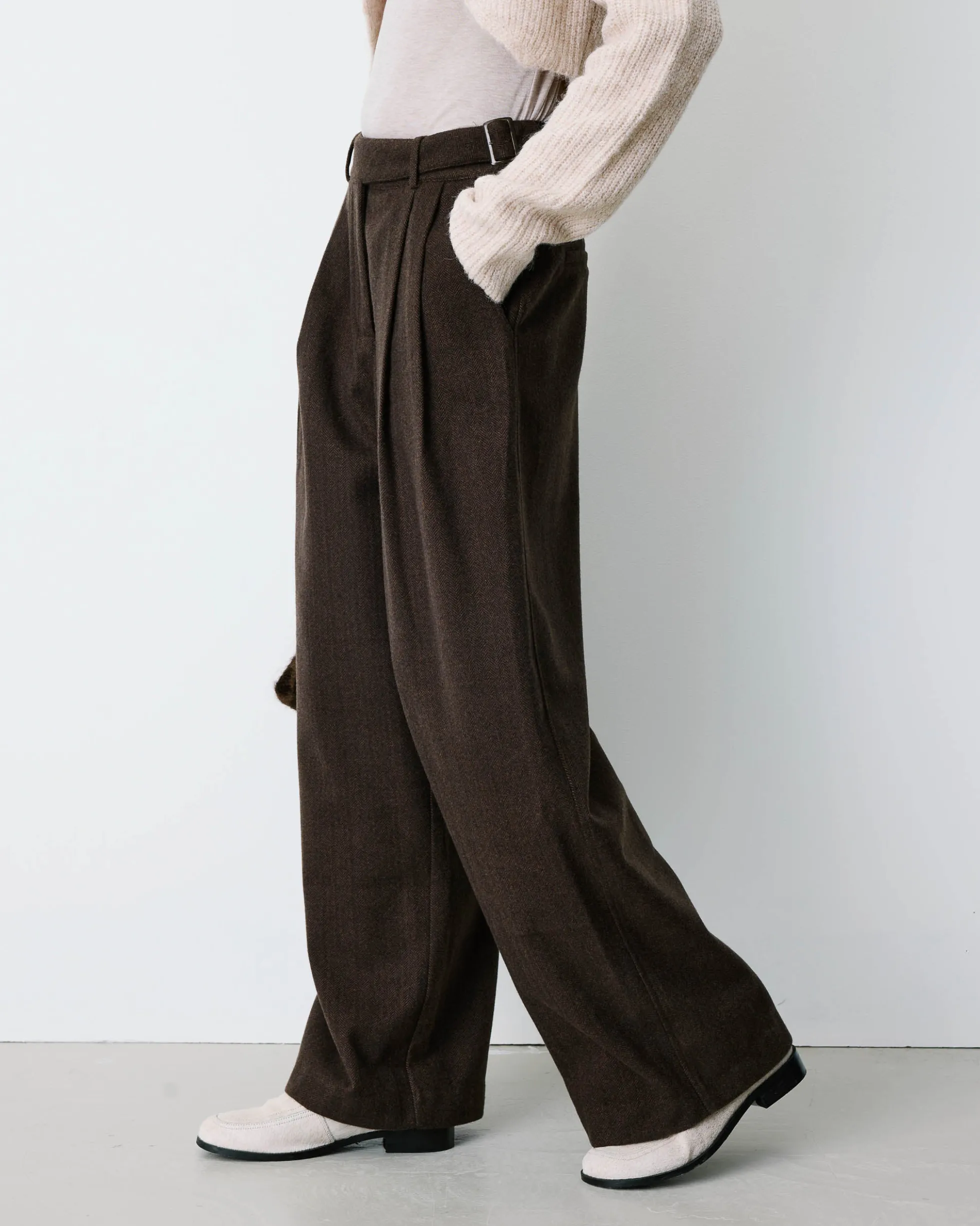Pantalon tailleur large motif chevrons chocolat Bastien