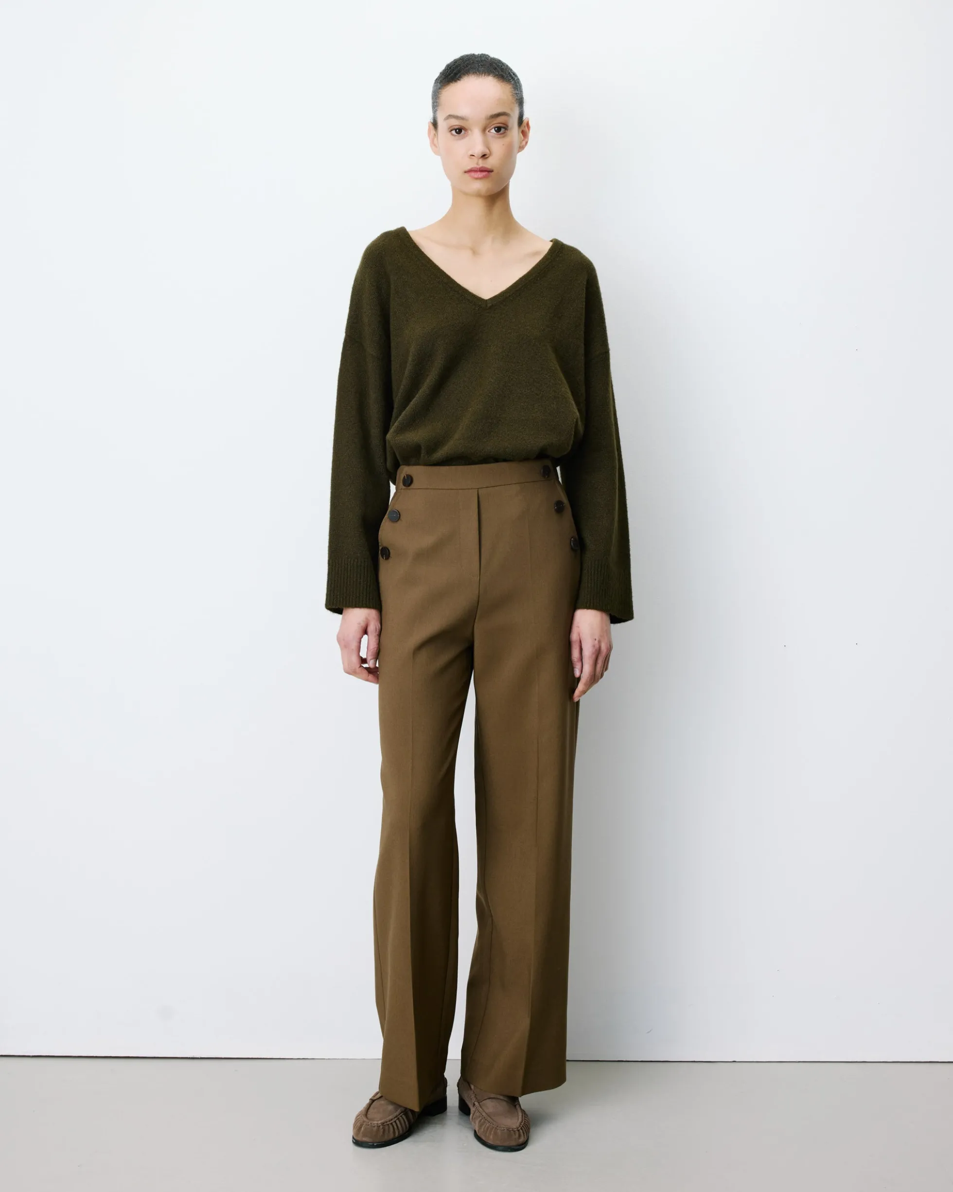 Pantalon tailleur large taille haute kaki Alexander