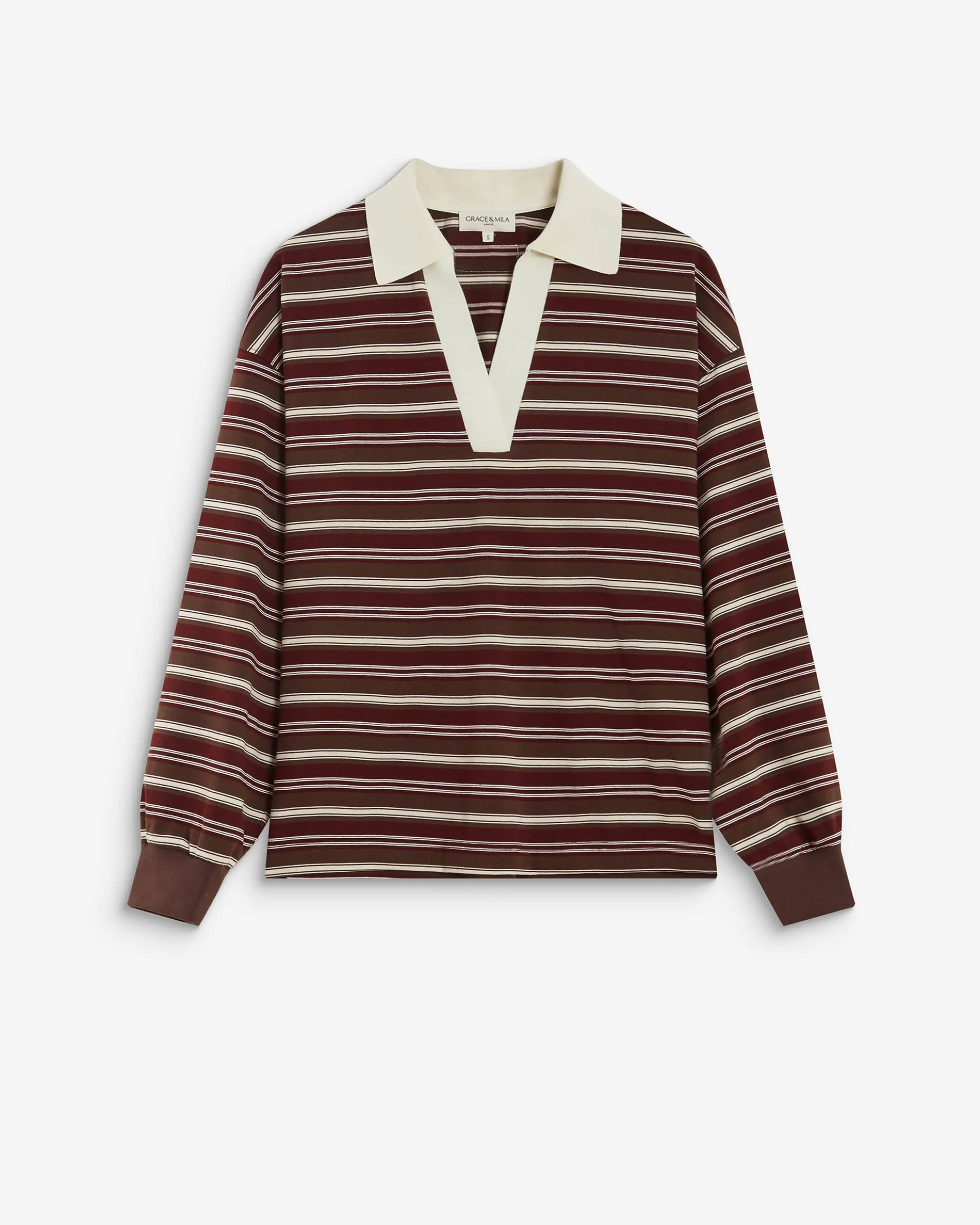 Polo rayé oversize col ouvert chocolat Aron