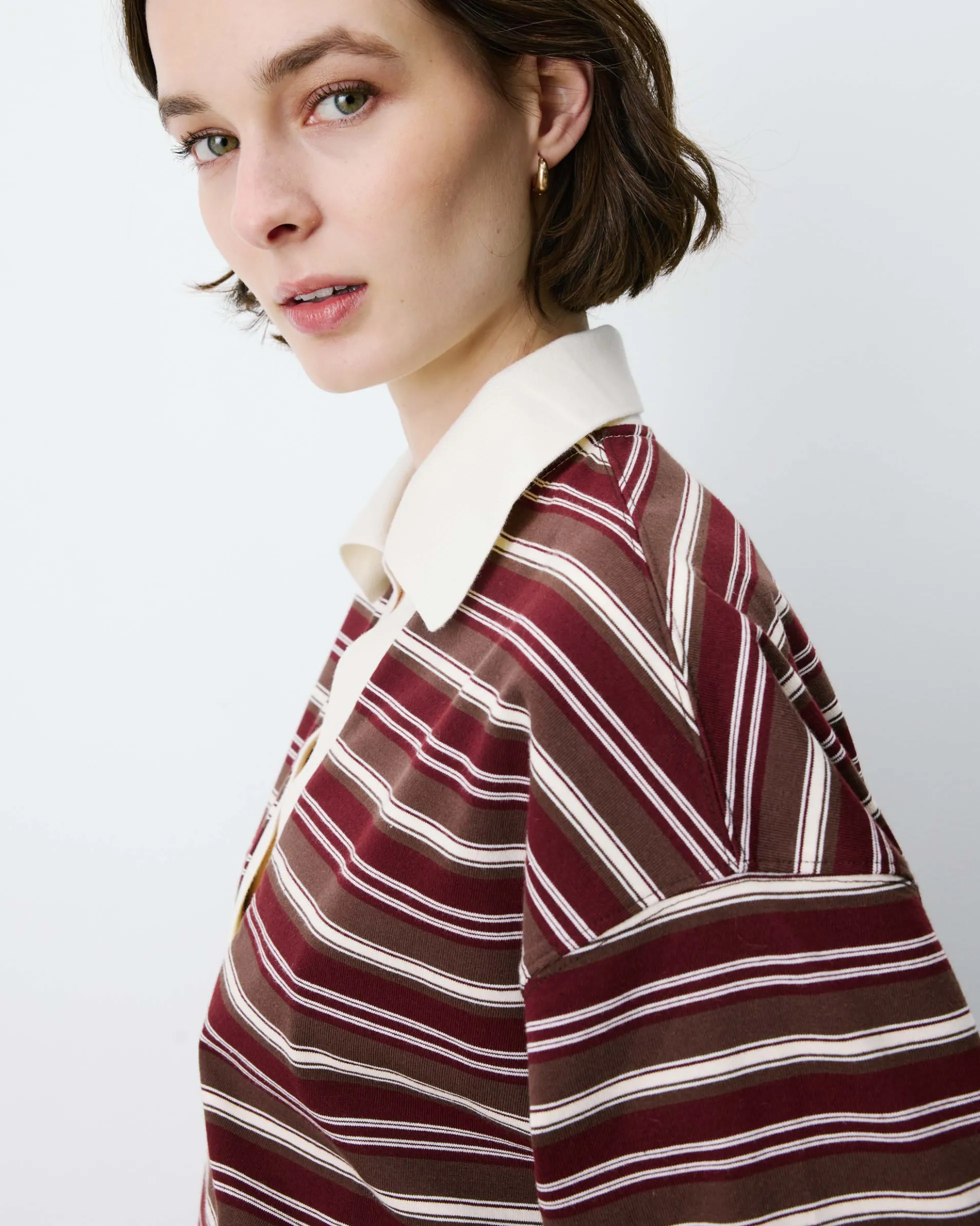 Polo rayé oversize col ouvert chocolat Aron