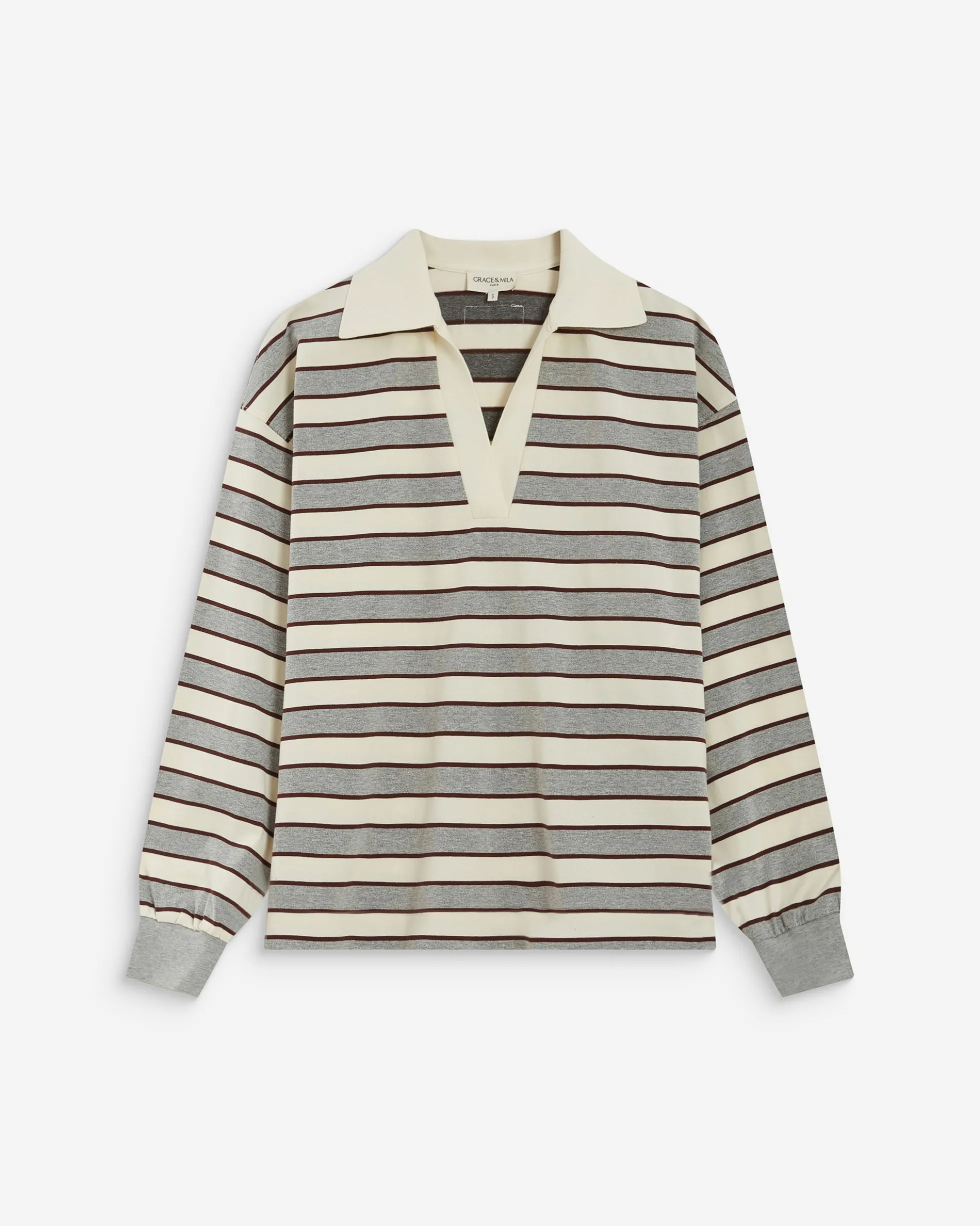 Polo rayé oversize col ouvert gris Aron