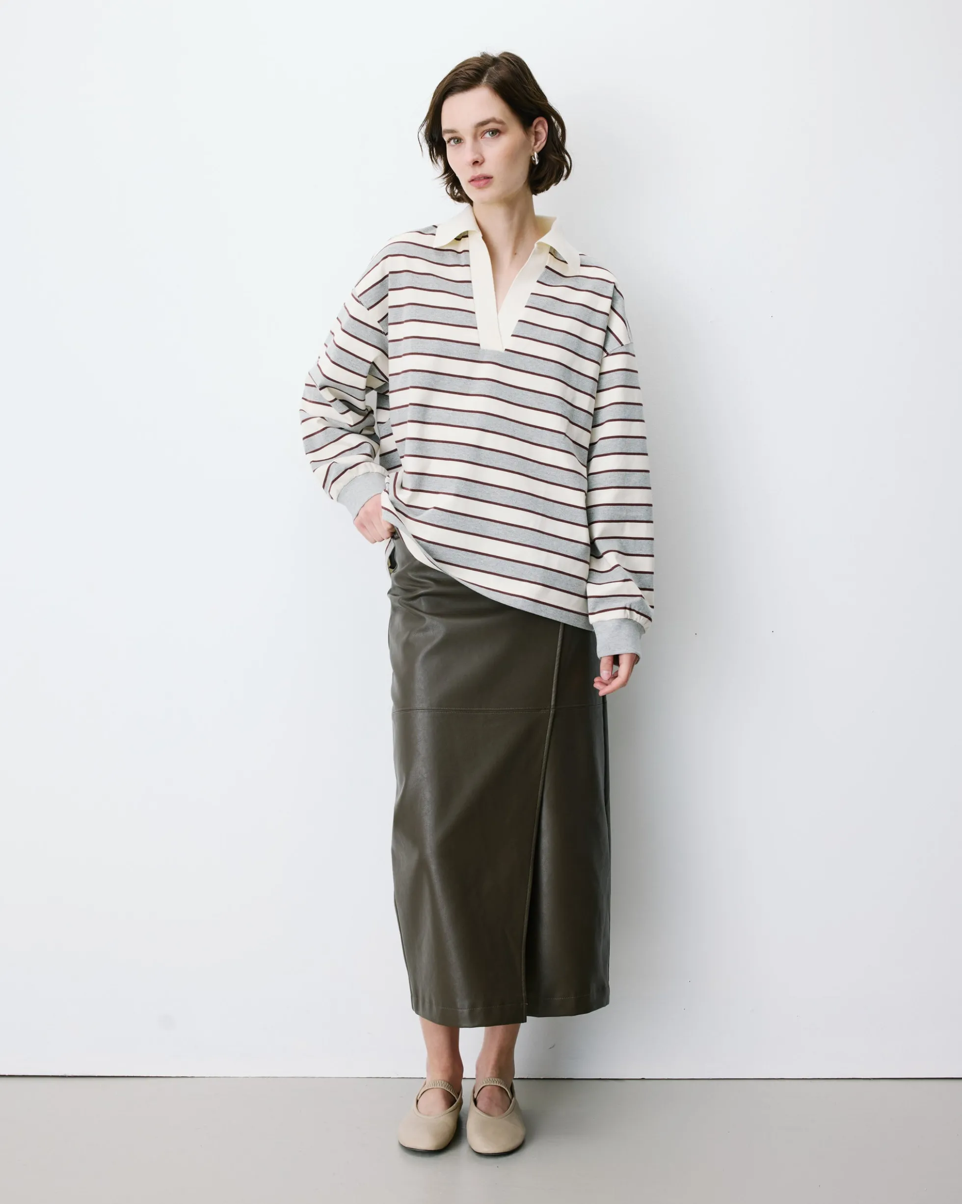 Polo rayé oversize col ouvert gris Aron