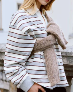 Polo rayé oversize col ouvert gris Aron