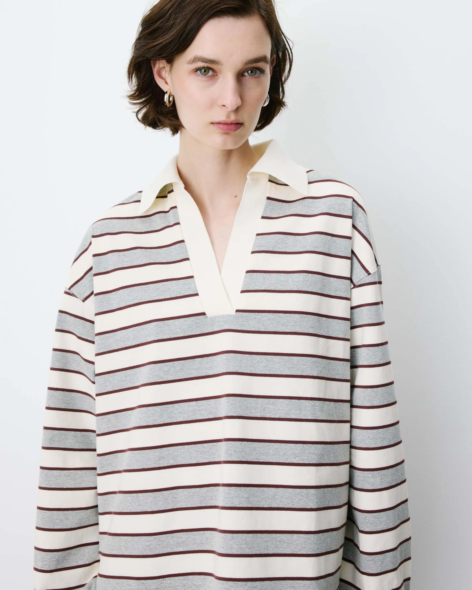 Polo rayé oversize col ouvert gris Aron