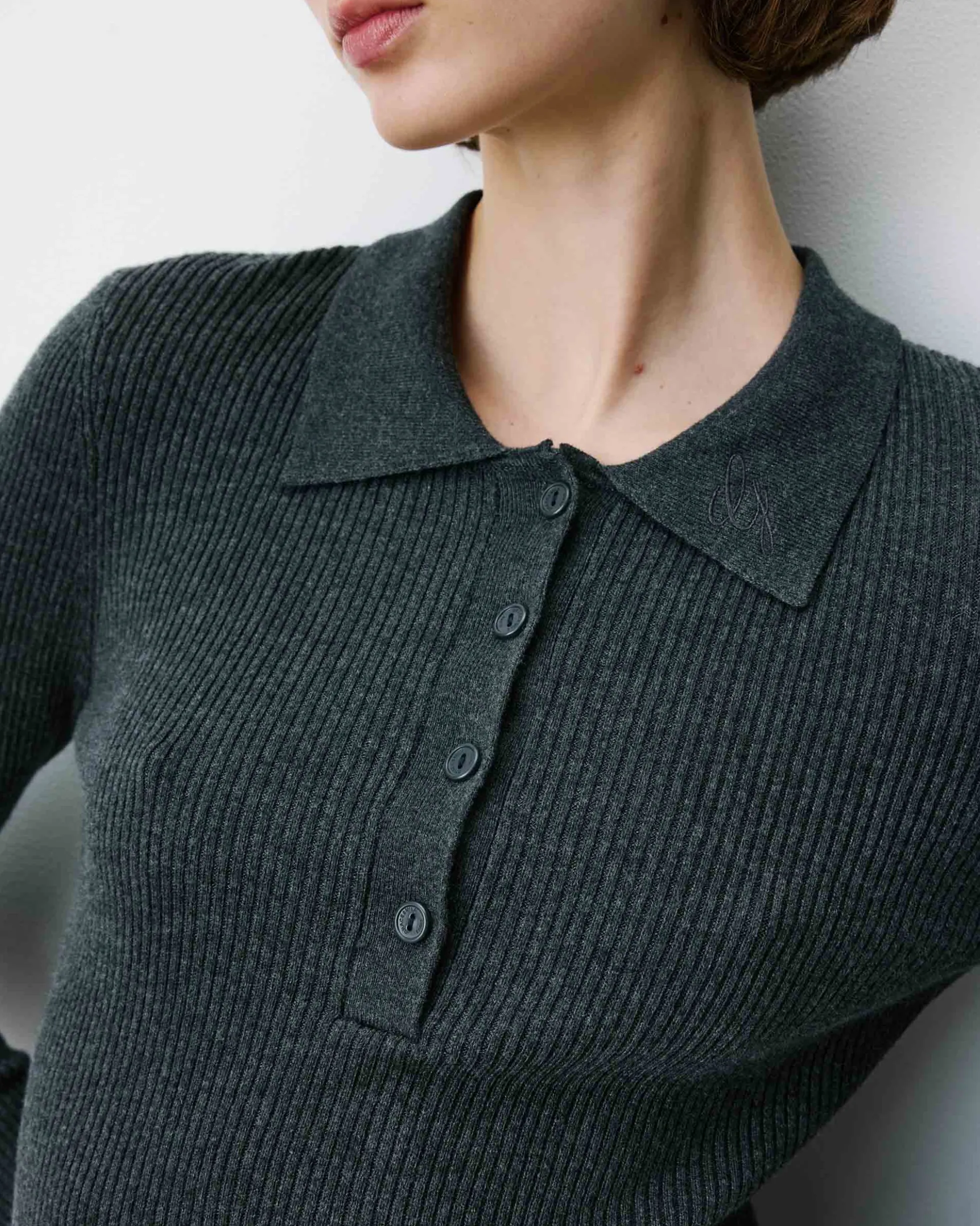Pull ajusté col polo en maille côtelée anthracite Angelo