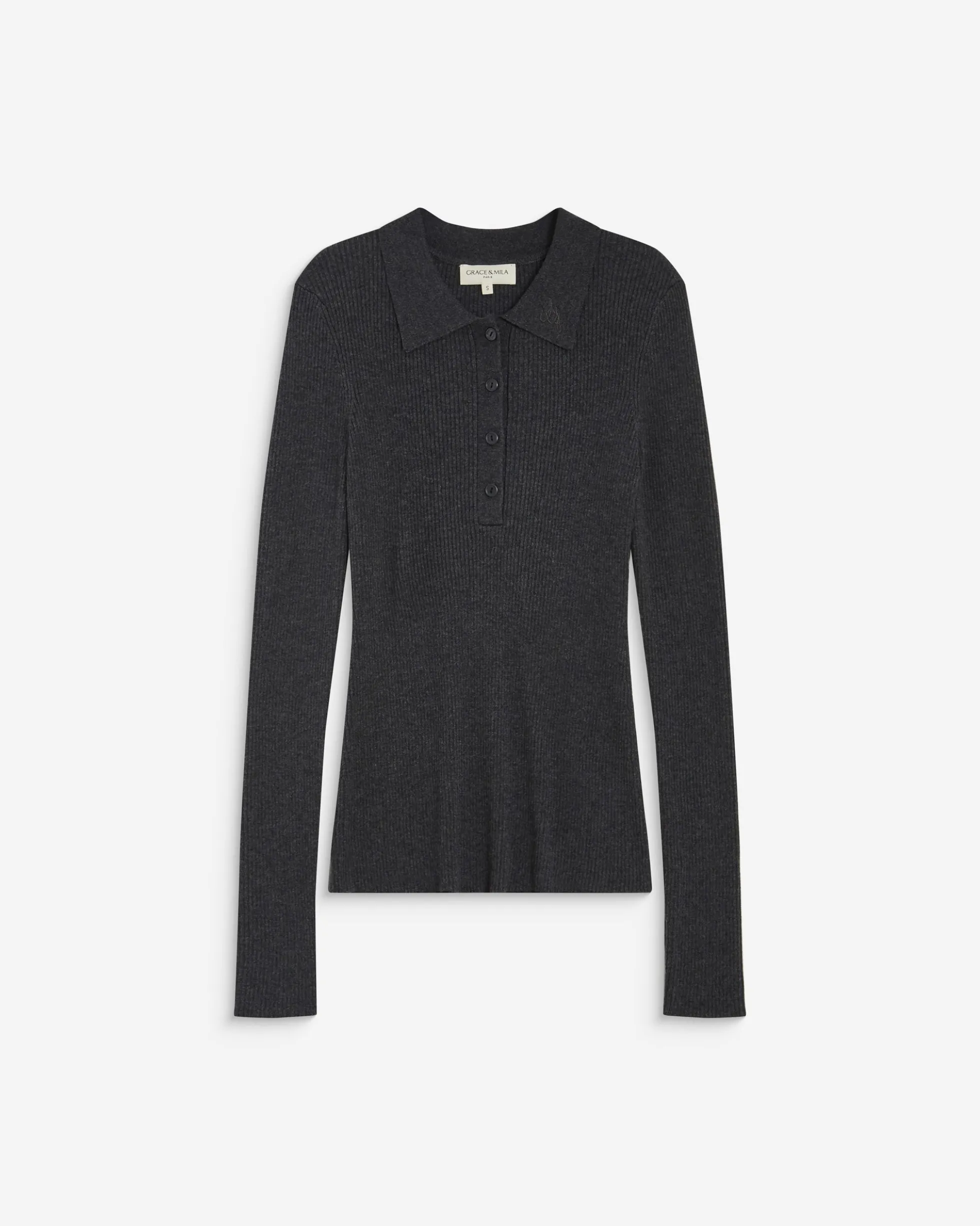 Pull ajusté col polo en maille côtelée anthracite Angelo
