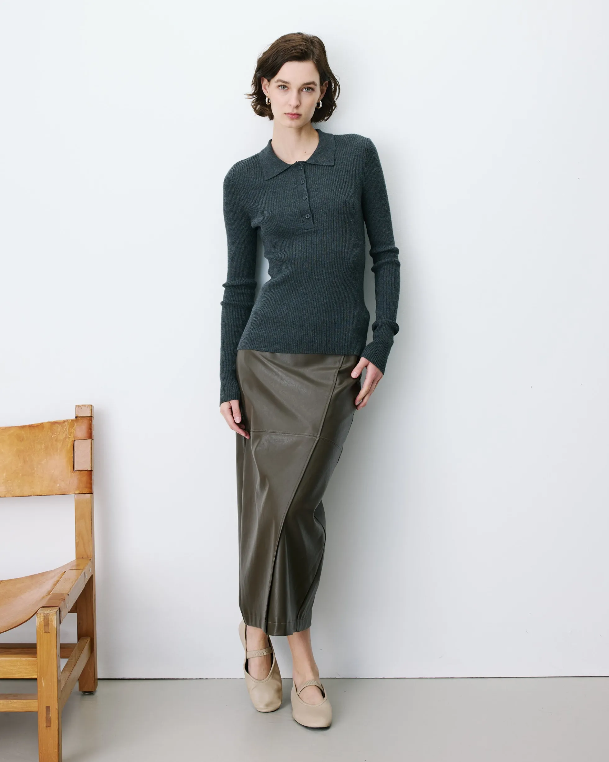 Pull ajusté col polo en maille côtelée anthracite Angelo