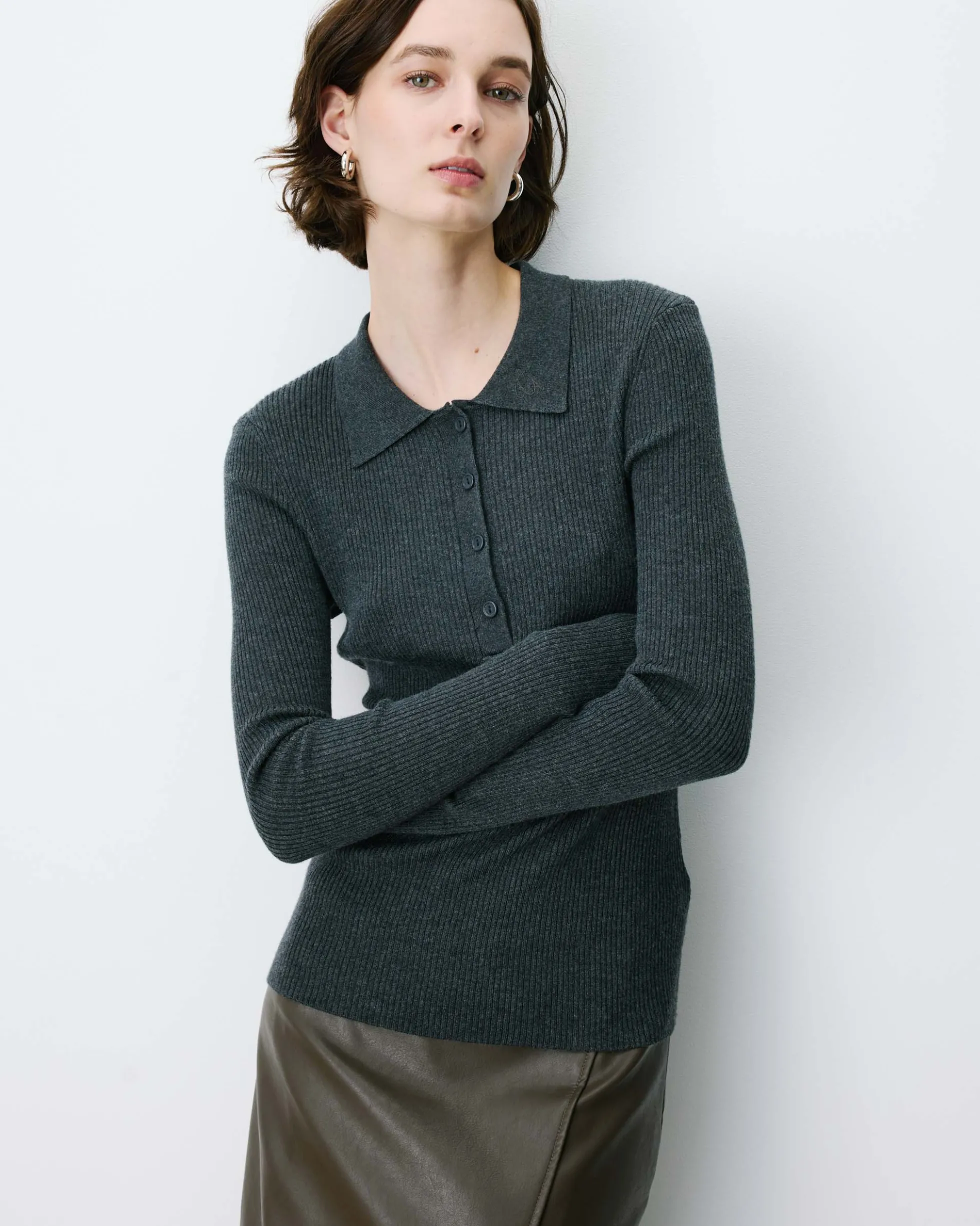 Pull ajusté col polo en maille côtelée anthracite Angelo