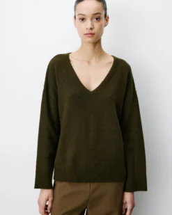 Pull ample col V en maille lurex kaki Salvador