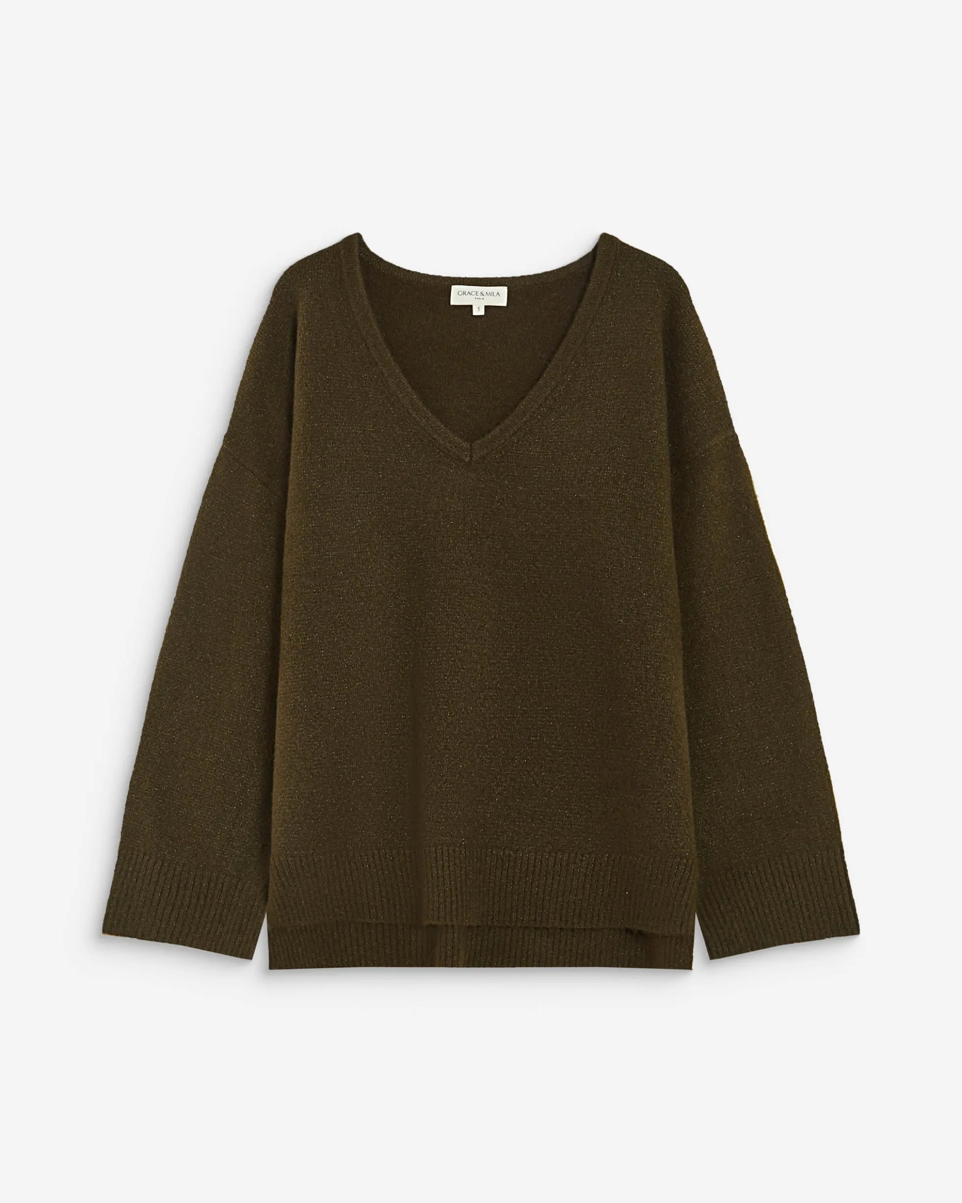 Pull ample col V en maille lurex kaki Salvador