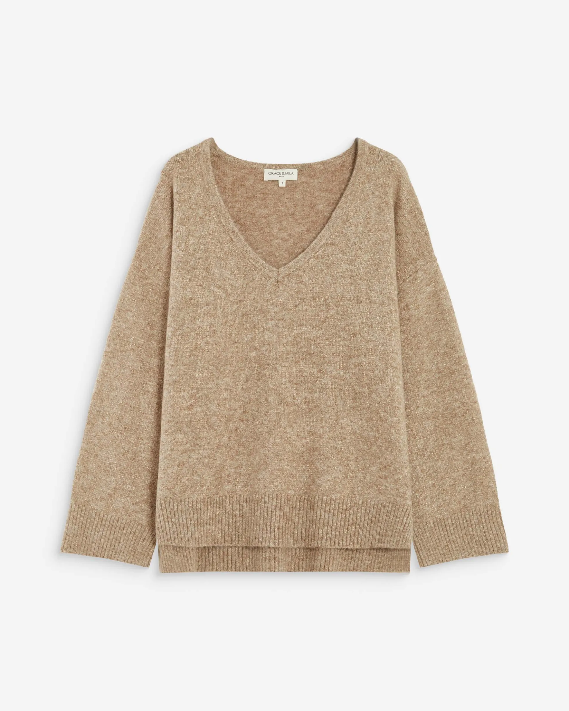 Pull ample col V en maille lurex sable Salvador