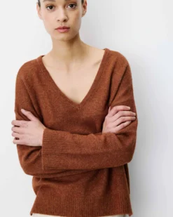 Pull ample col V en maille lurex coffee Salvador