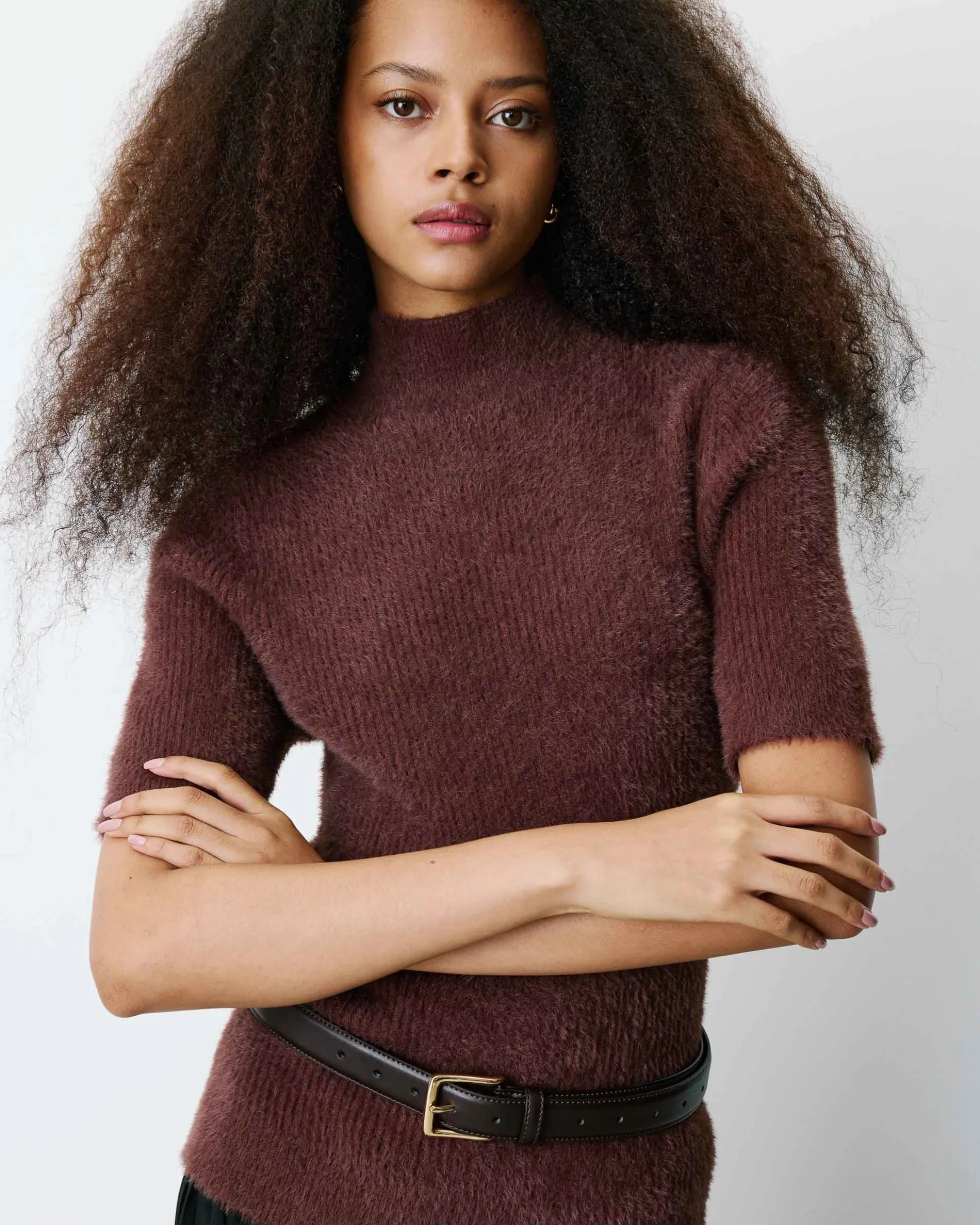 Pull doux manches courtes col cheminée chocolat Birdie