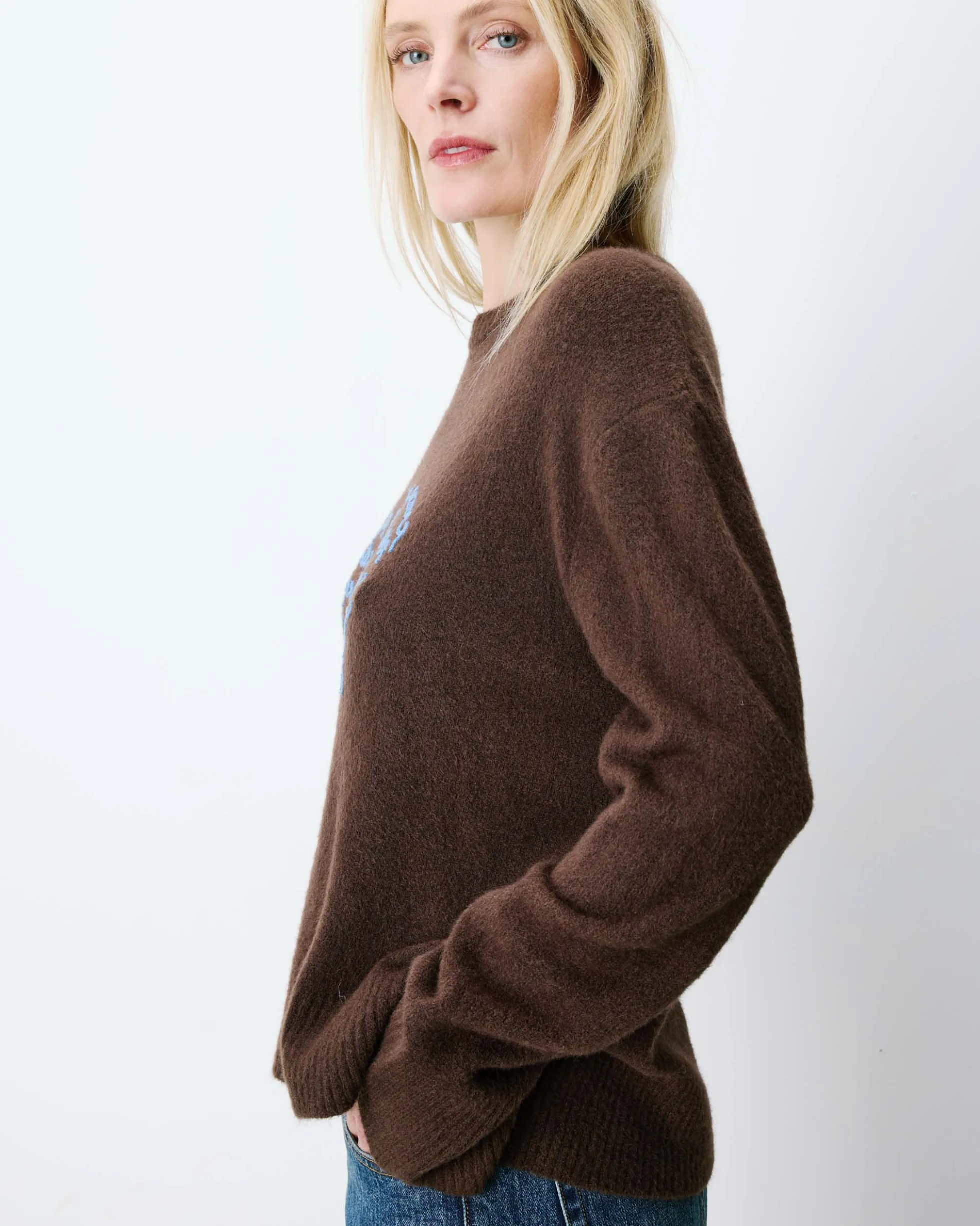 Pull droit col rond à inscription brodée chocolat Aubin