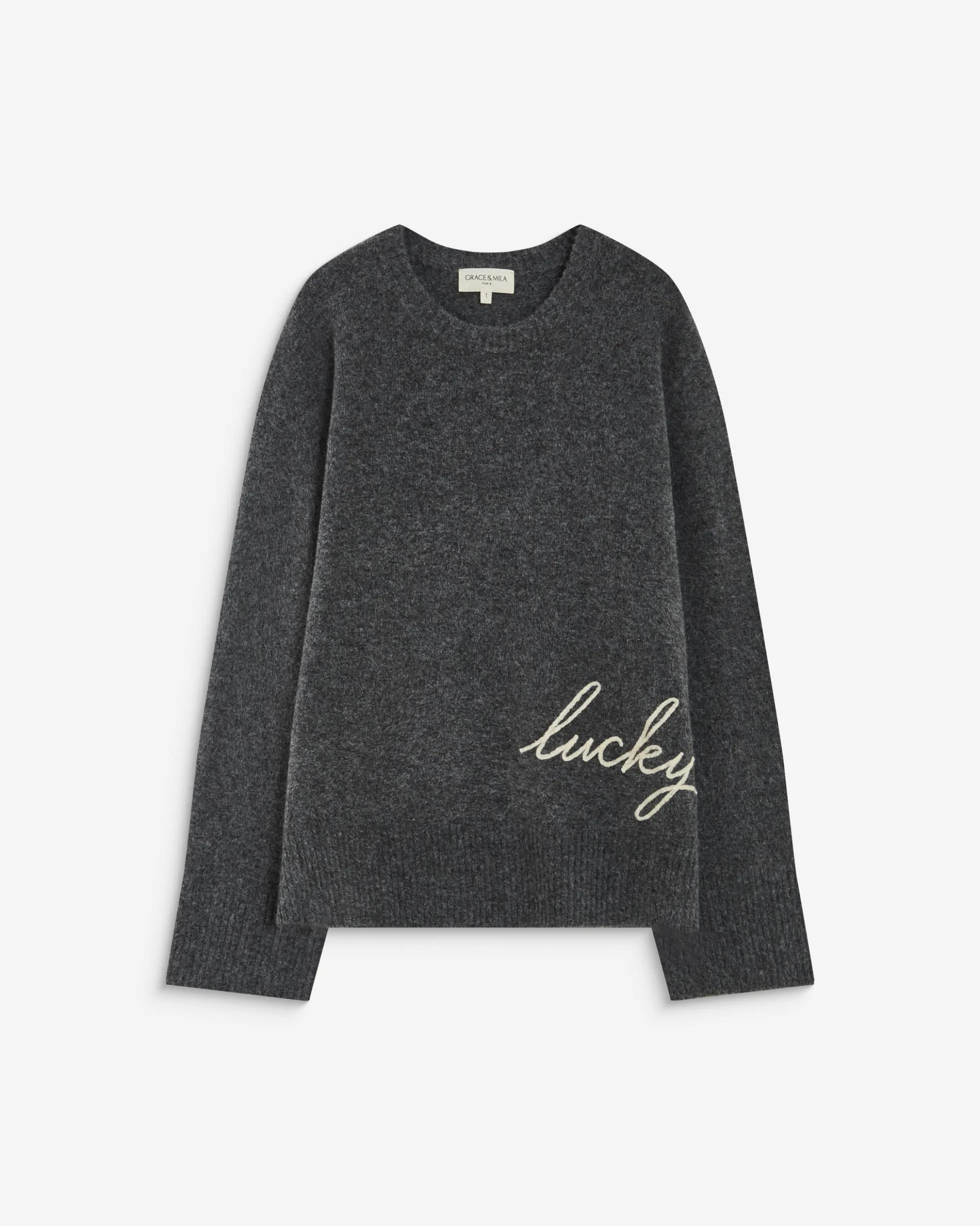 Pull droit col rond à inscription brodée anthracite Aubin