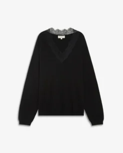 Pull en maille à col V en dentelle noir Augustin