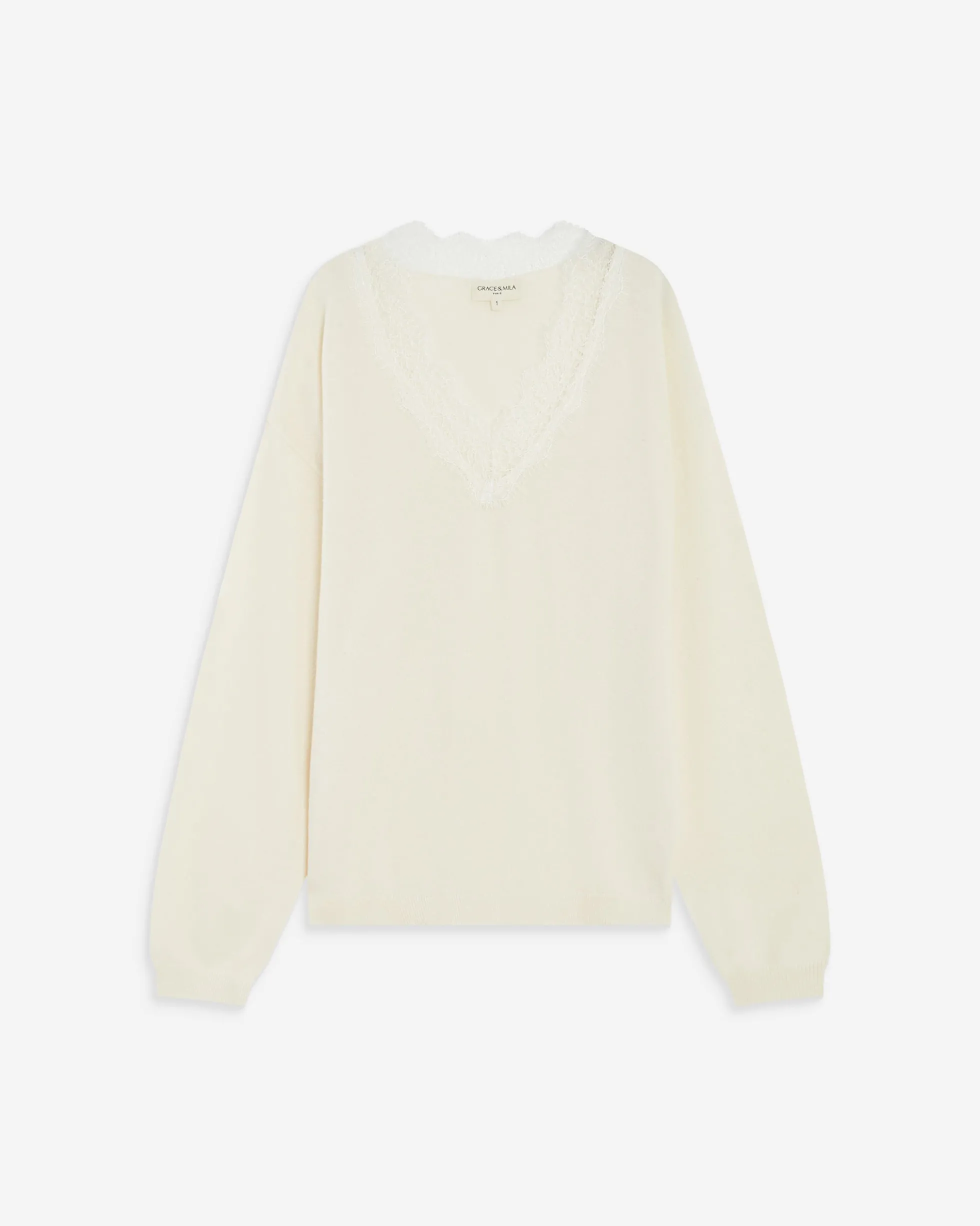Pull en maille à col V en dentelle ecru Augustin