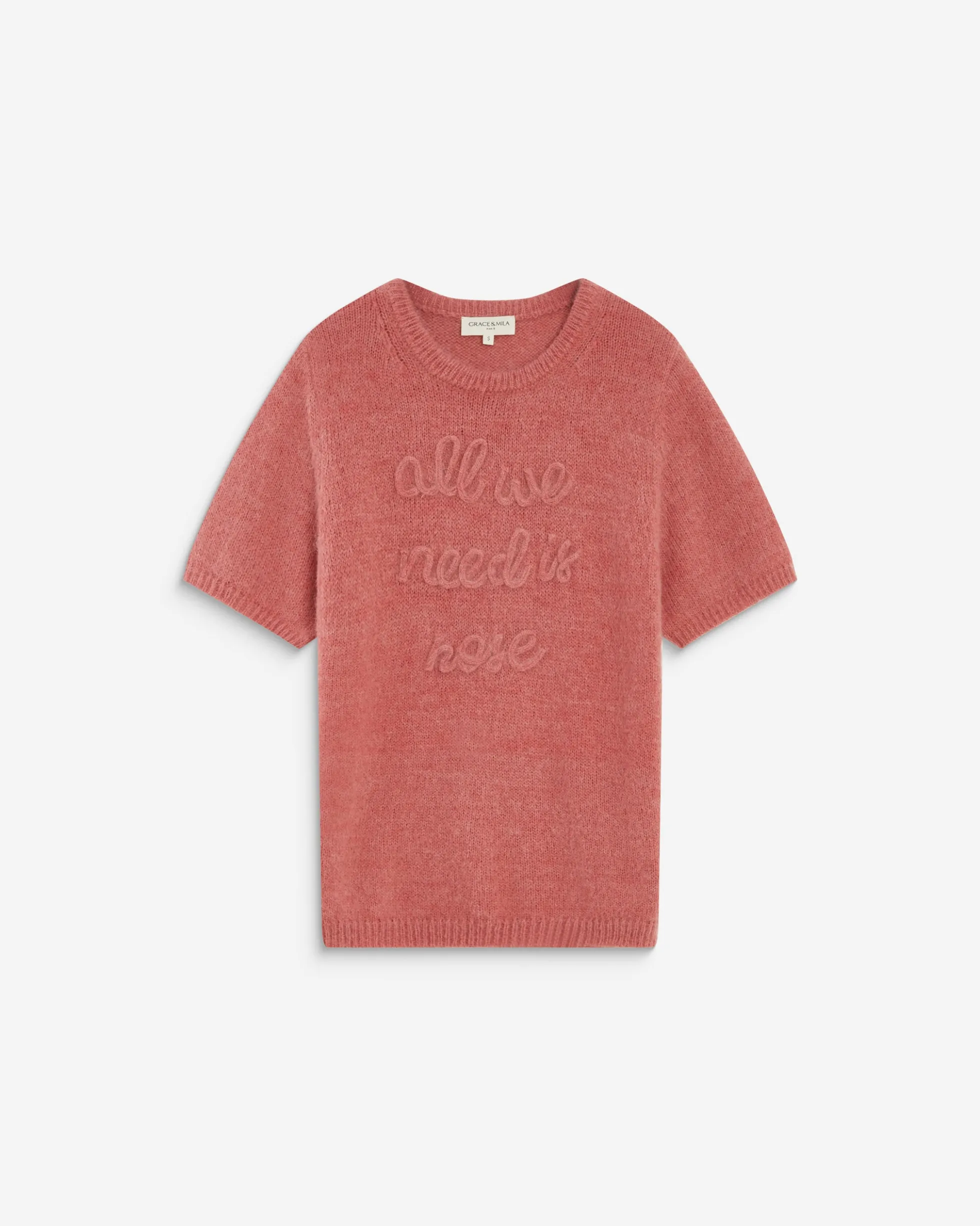 Pull manches courtes à message brodé blush Austyn