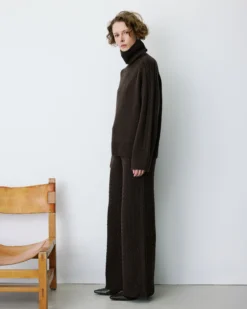 Pull oversize col roulé en maille torsadée chocolat Bastille