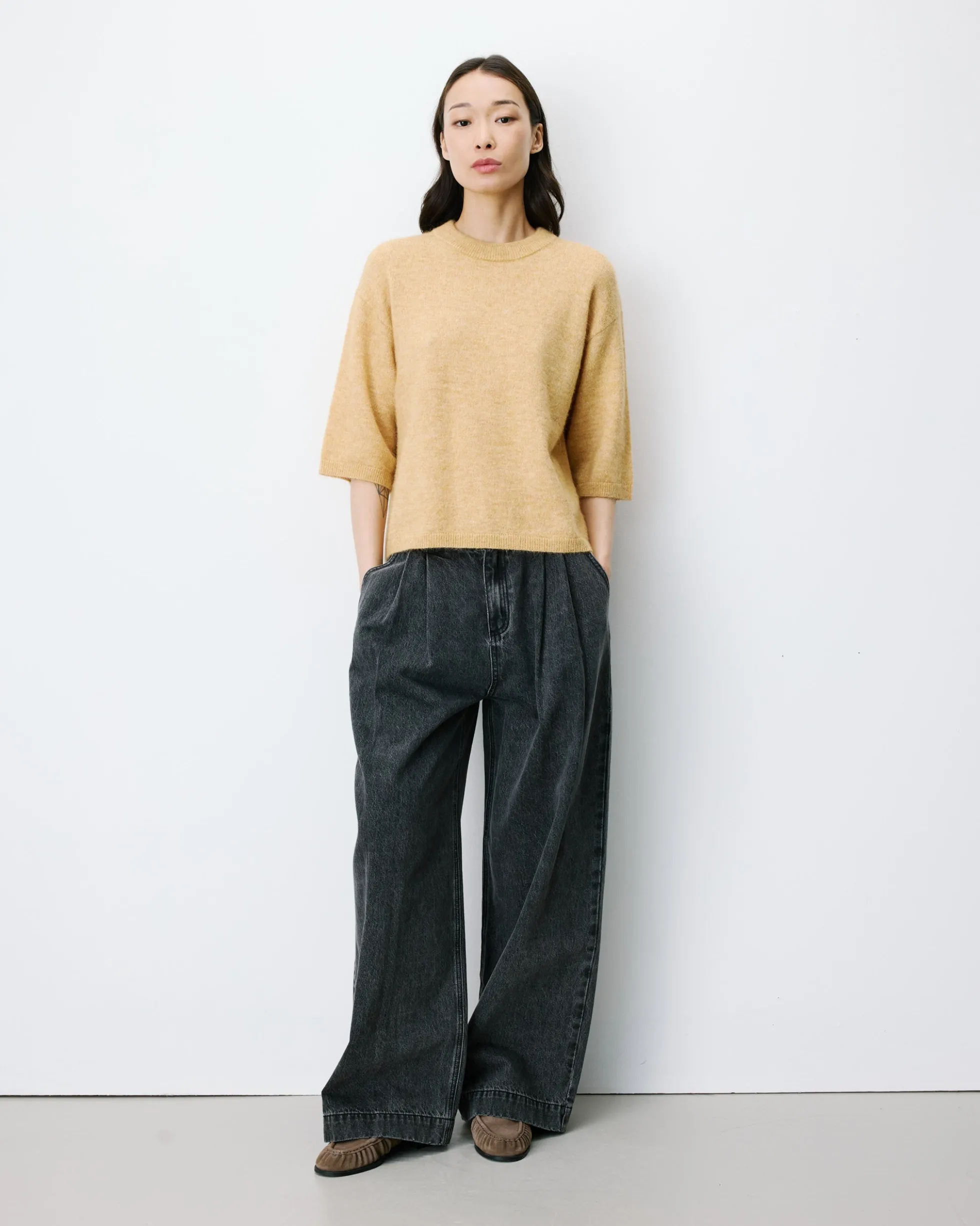 Pull oversize manches 3/4 col rond ocre Asher