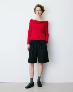 Pull à épaules dénudées manches longues rouge Bisou