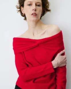 Pull à épaules dénudées manches longues rouge Bisou