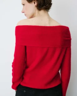 Pull à épaules dénudées manches longues rouge Bisou