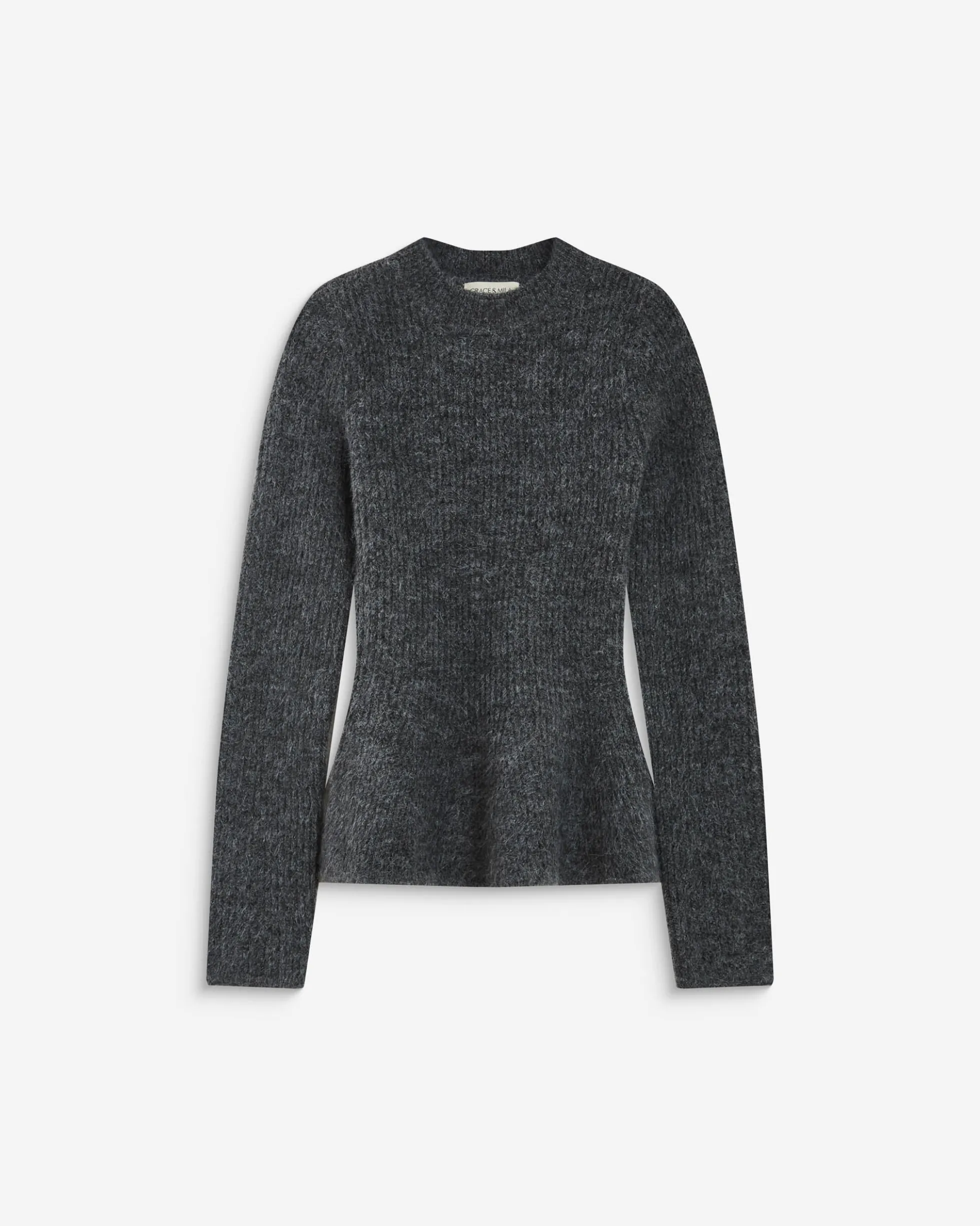 Pull peplum en maille côtelée col cheminée anthracite Alvar