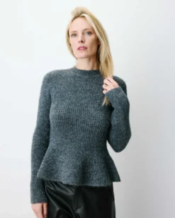 Pull peplum en maille côtelée col cheminée anthracite Alvar