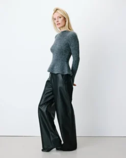 Pull peplum en maille côtelée col cheminée anthracite Alvar