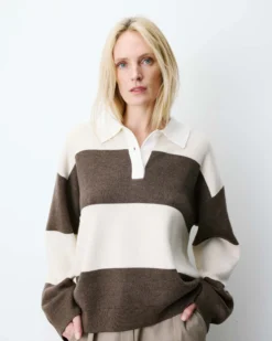 Pull polo ample à larges rayures sable Astre