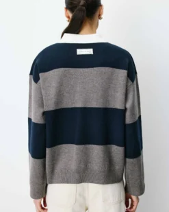 Pull polo ample à larges rayures marine Astre