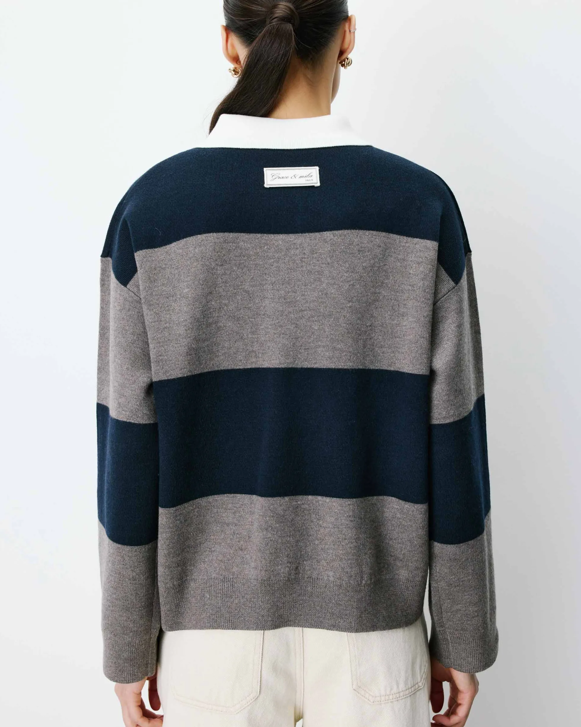 Pull polo ample à larges rayures marine Astre