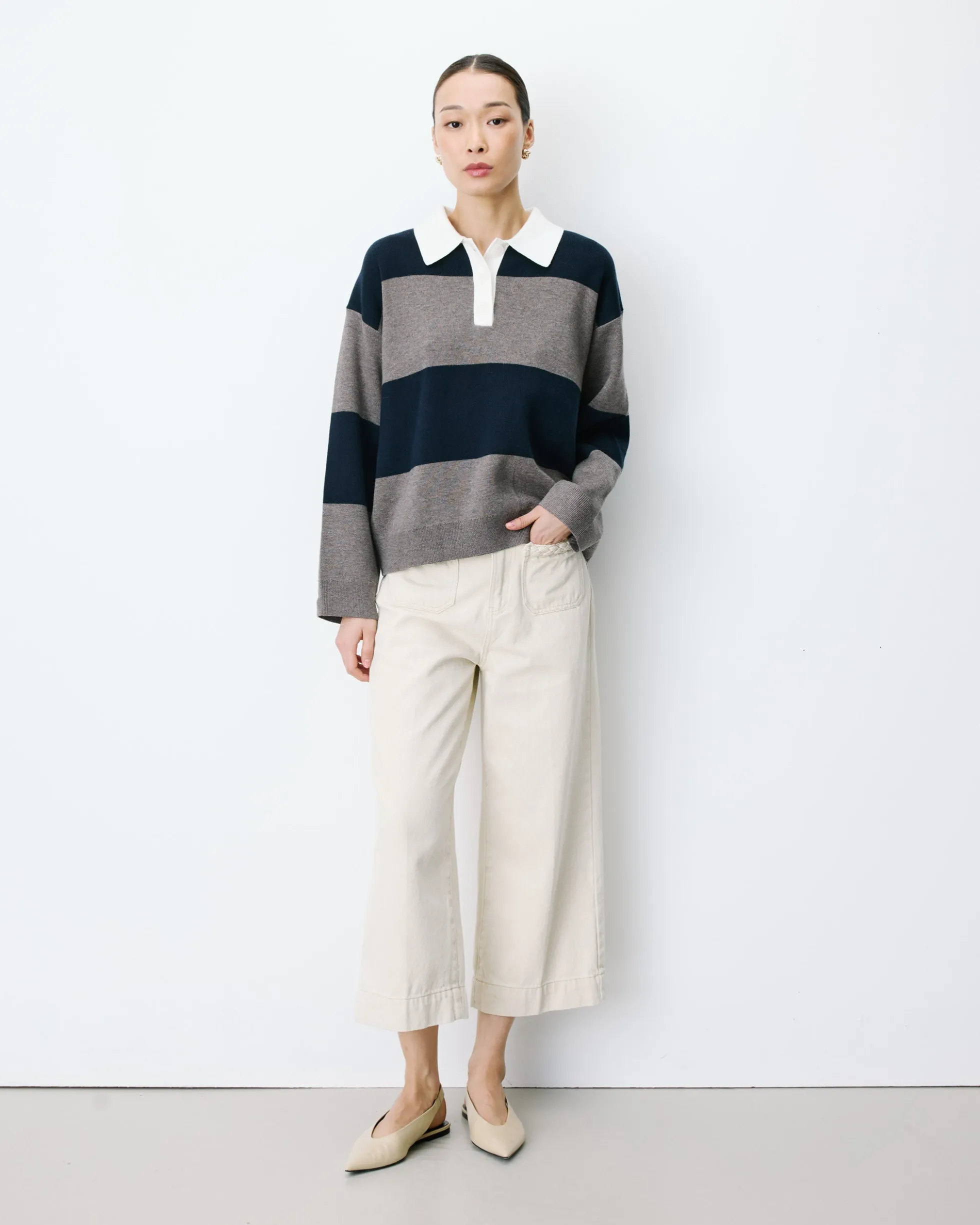 Pull polo ample à larges rayures marine Astre