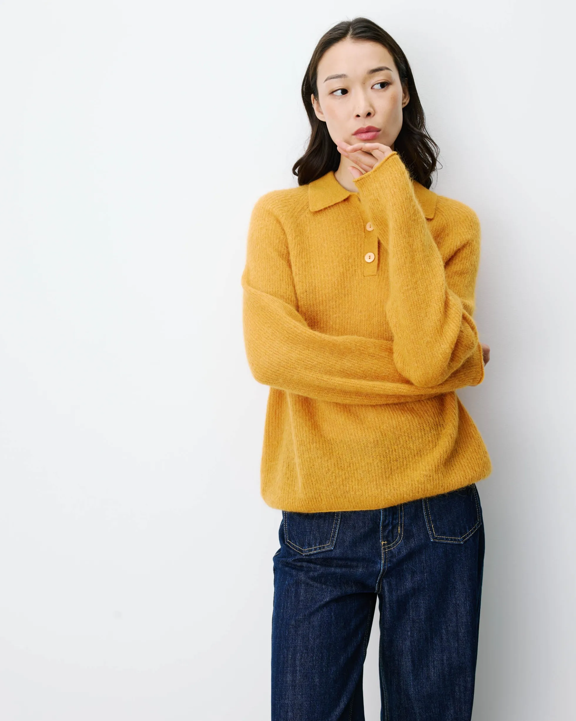 Pull polo en maille texturée boutonné ocre Alevan
