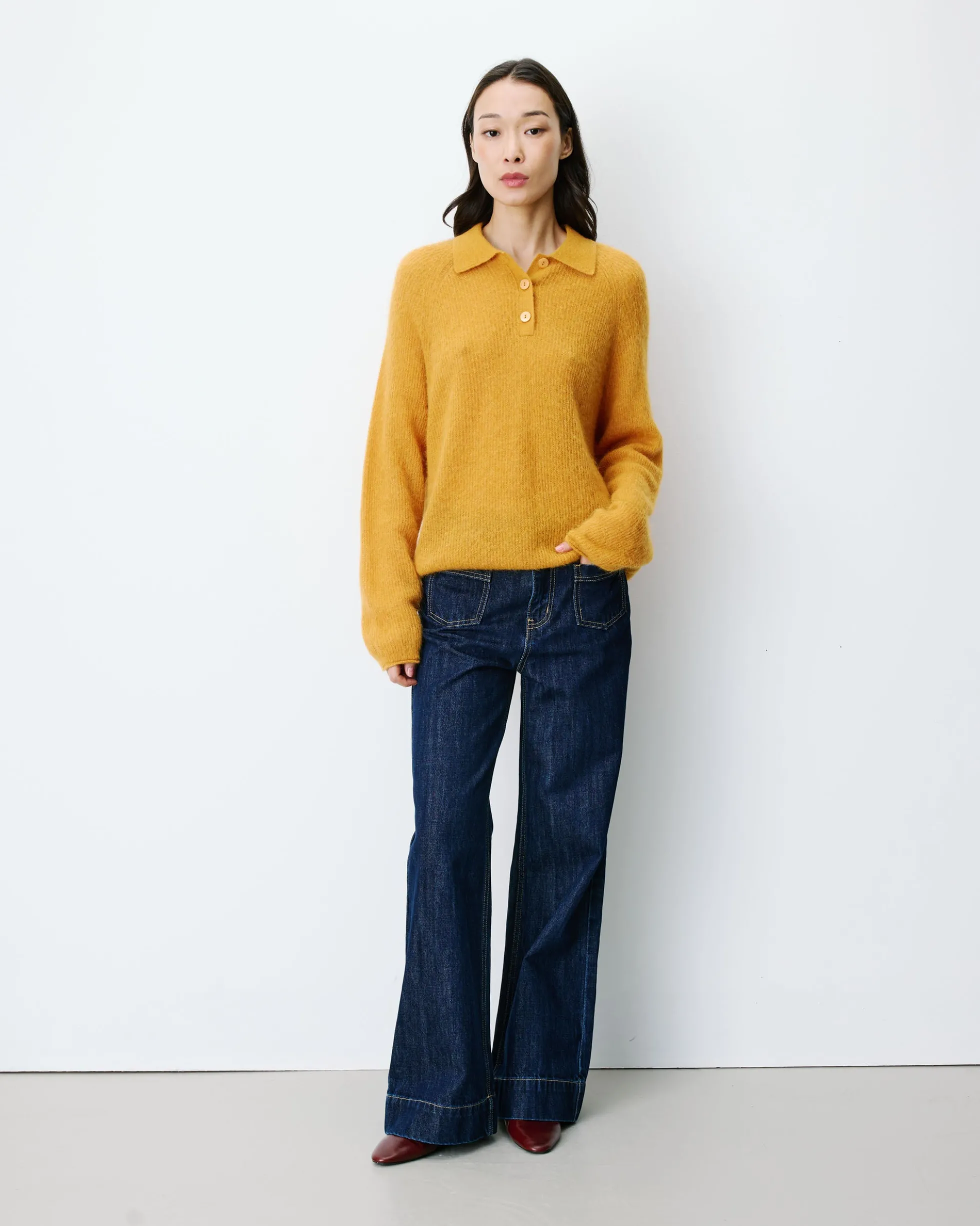 Pull polo en maille texturée boutonné ocre Alevan