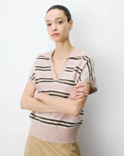 Pull rayé oversize col polo beige Aizen