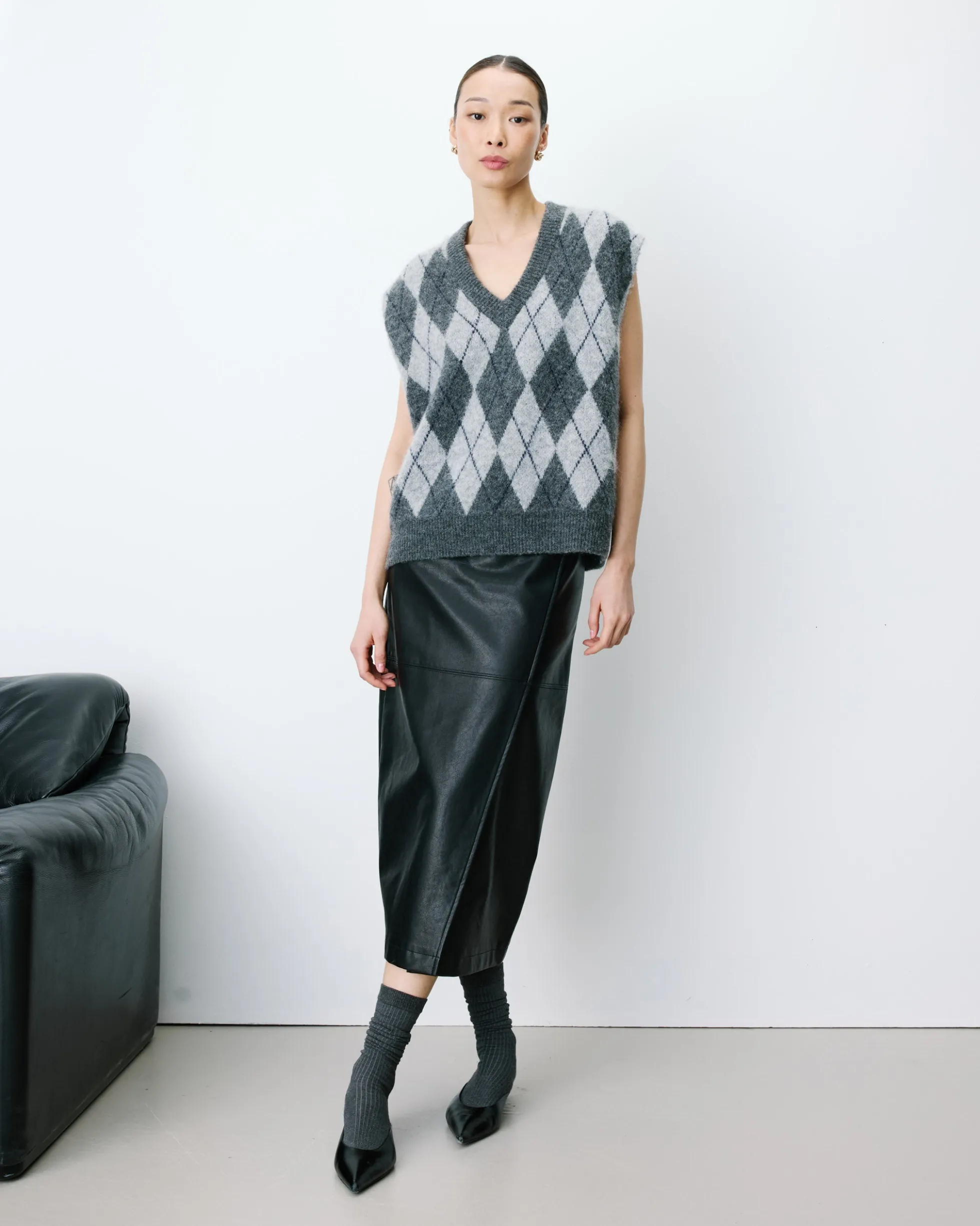 Pull sans manches en maille à losanges anthracite Arelio