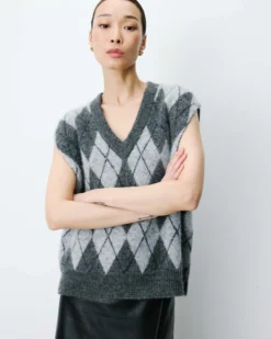 Pull sans manches en maille à losanges anthracite Arelio