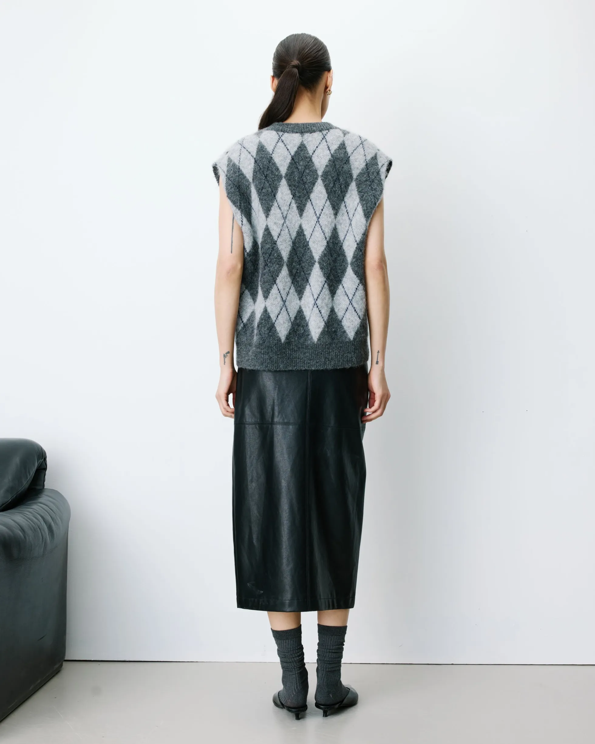 Pull sans manches en maille à losanges anthracite Arelio