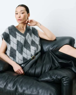 Pull sans manches en maille à losanges anthracite Arelio