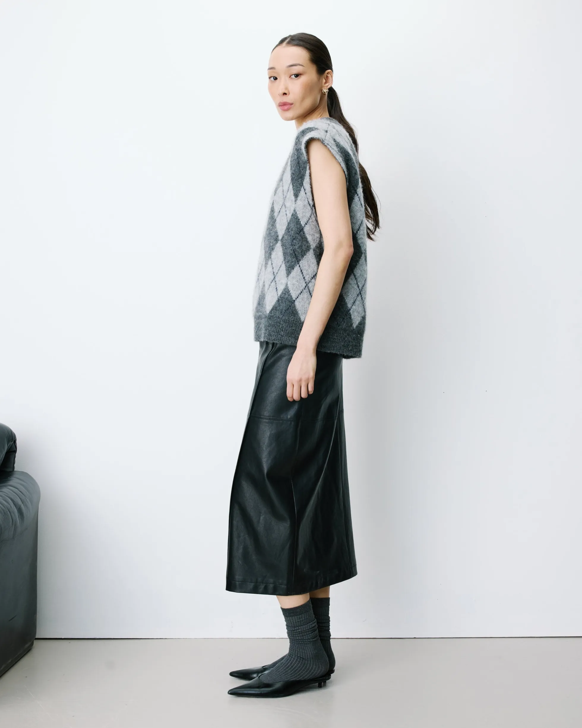 Pull sans manches en maille à losanges anthracite Arelio