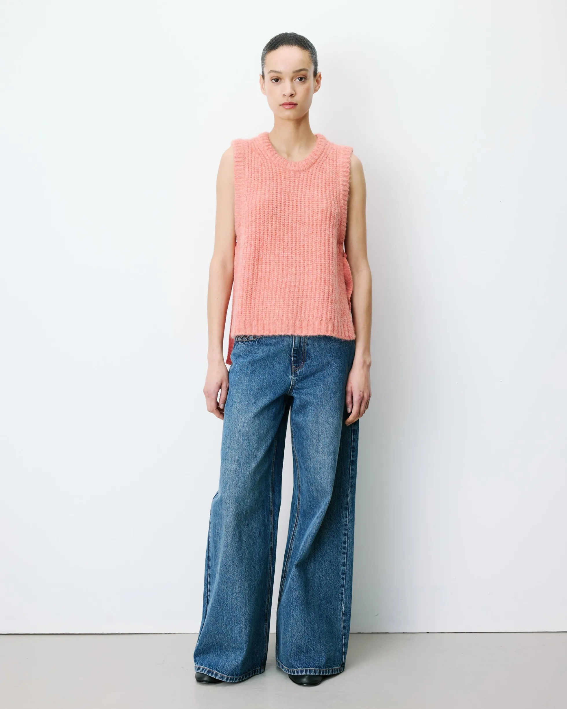 Pull sans manches en maille à nouer peche Argan