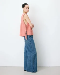 Pull sans manches en maille à nouer peche Argan