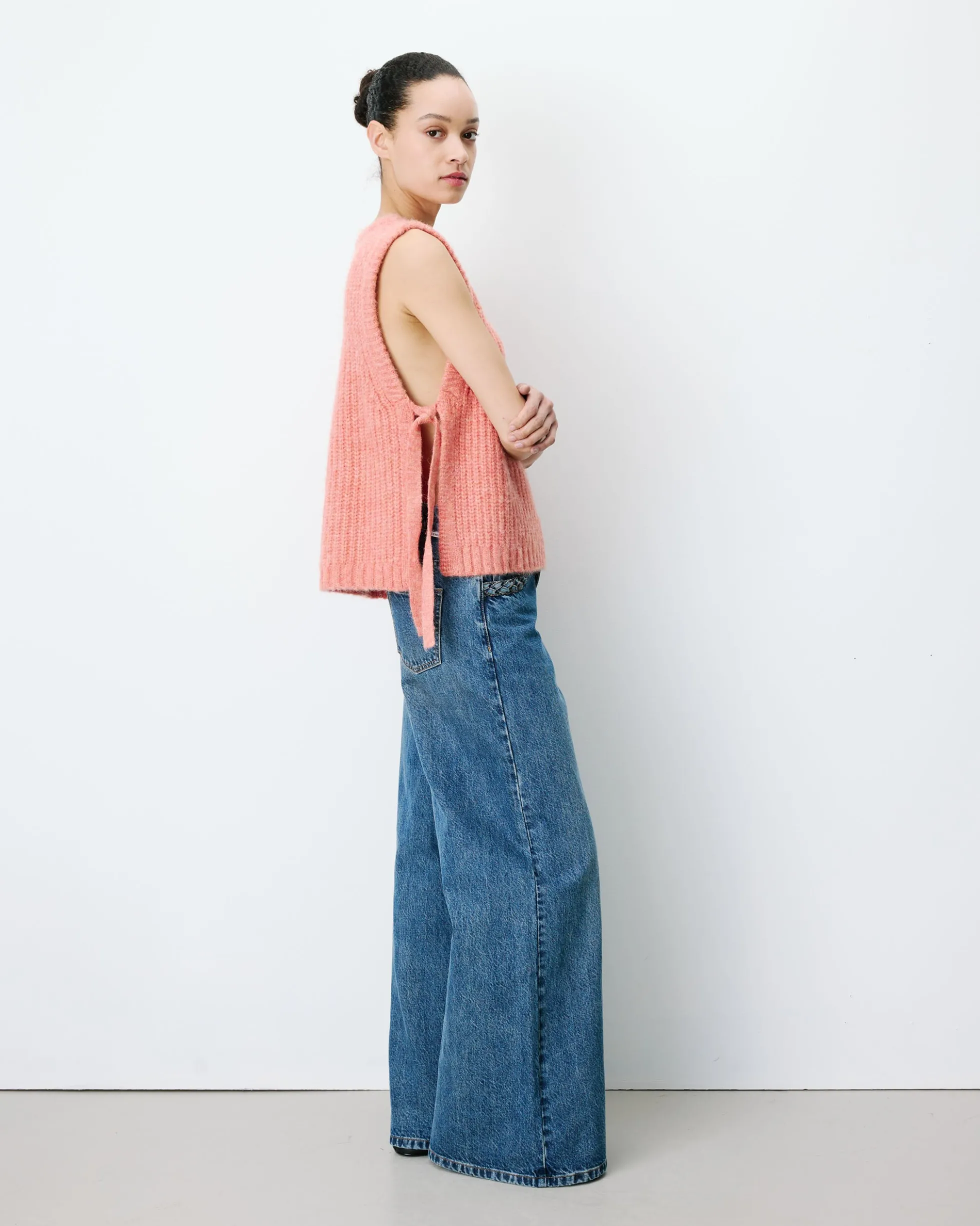 Pull sans manches en maille à nouer peche Argan